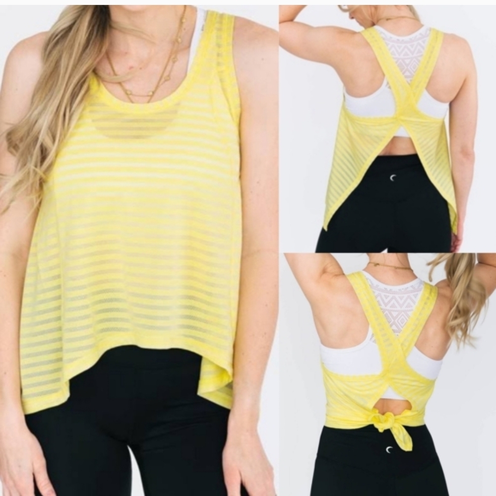 ♥️ZYIA Active Lemon Yellow Nimbus Split Back Tank Top Mesh Stripes Women's XL